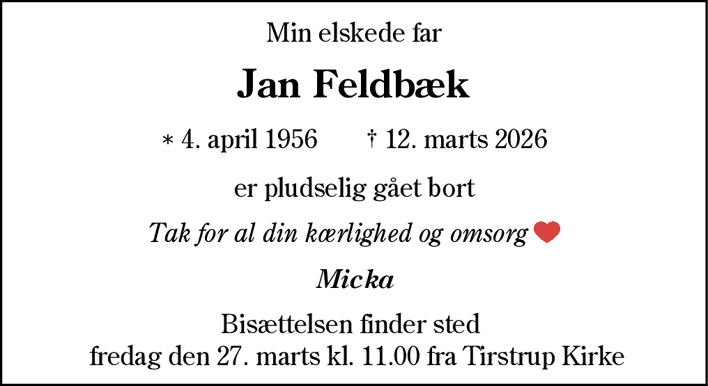Dødsannonce for Jan Feldbæk