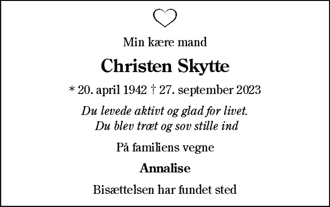 Dødsannonce for Christen Skytte
