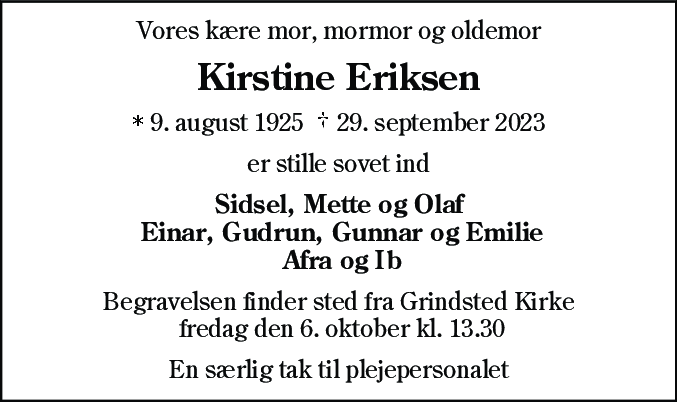 Dødsannonce for Kirstine Eriksen