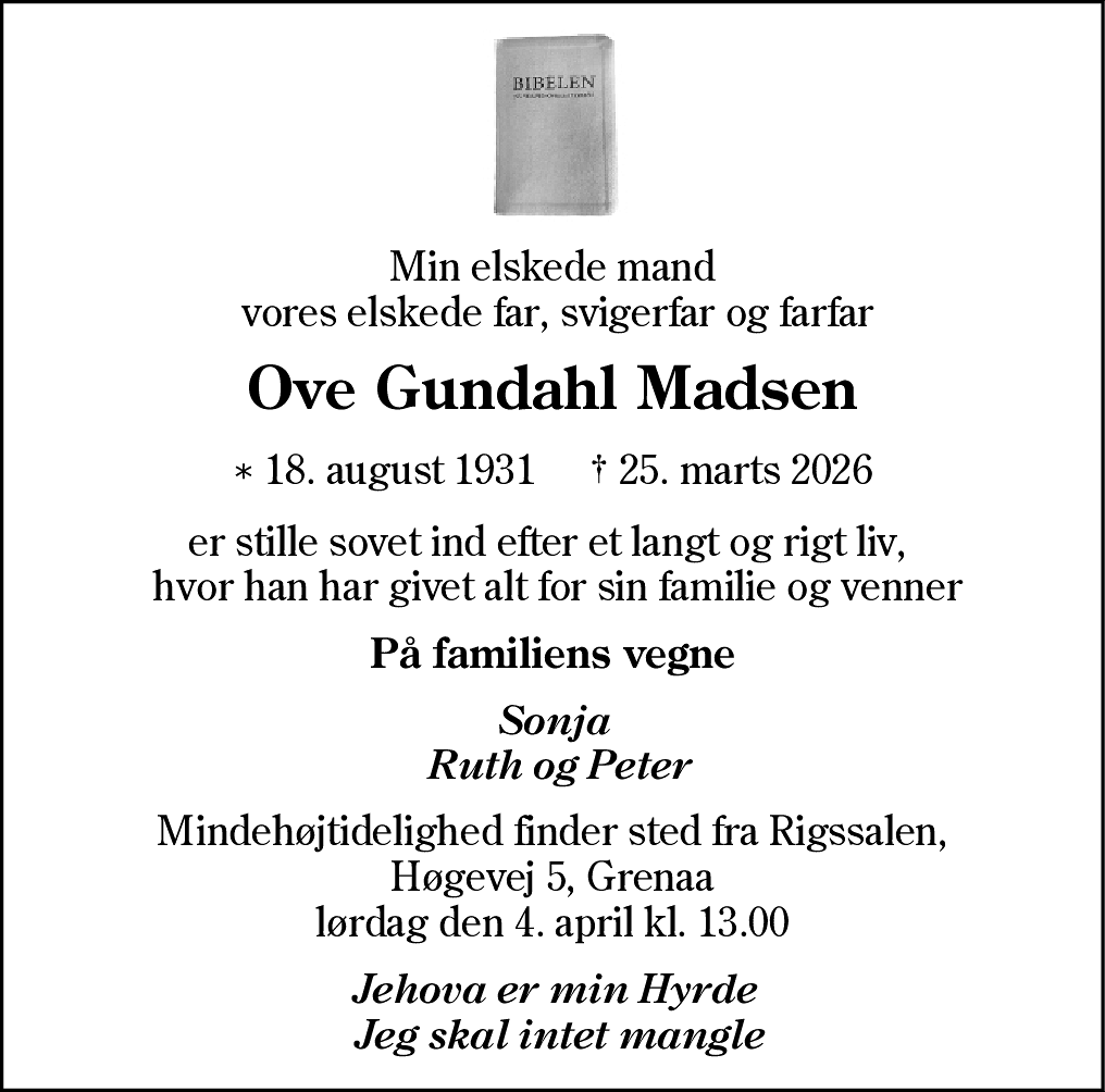 Dødsannonce for Ove Gundahl Madsen