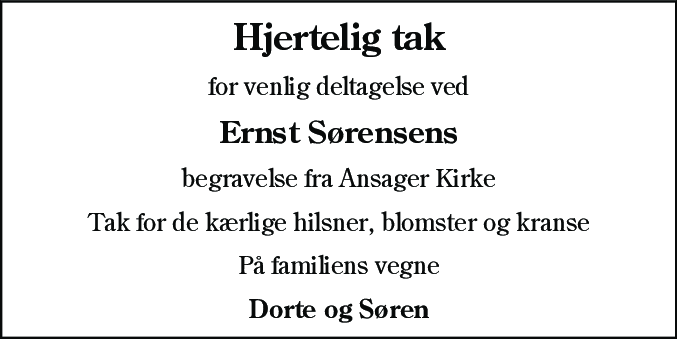 Dødsannonce for Ernst Sørensen