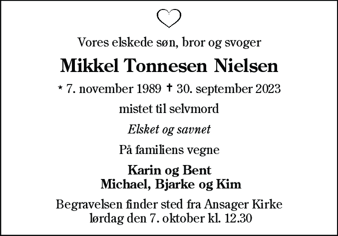 Dødsannonce for Mikkel Tonnesen Nielsen