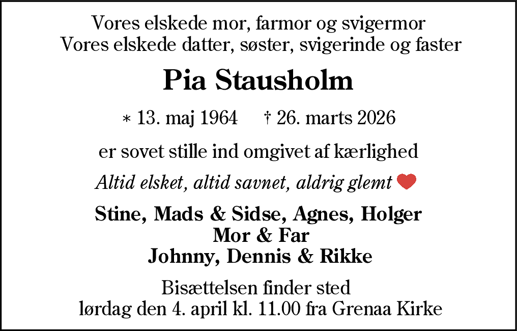 Dødsannonce for Pia Stausholm