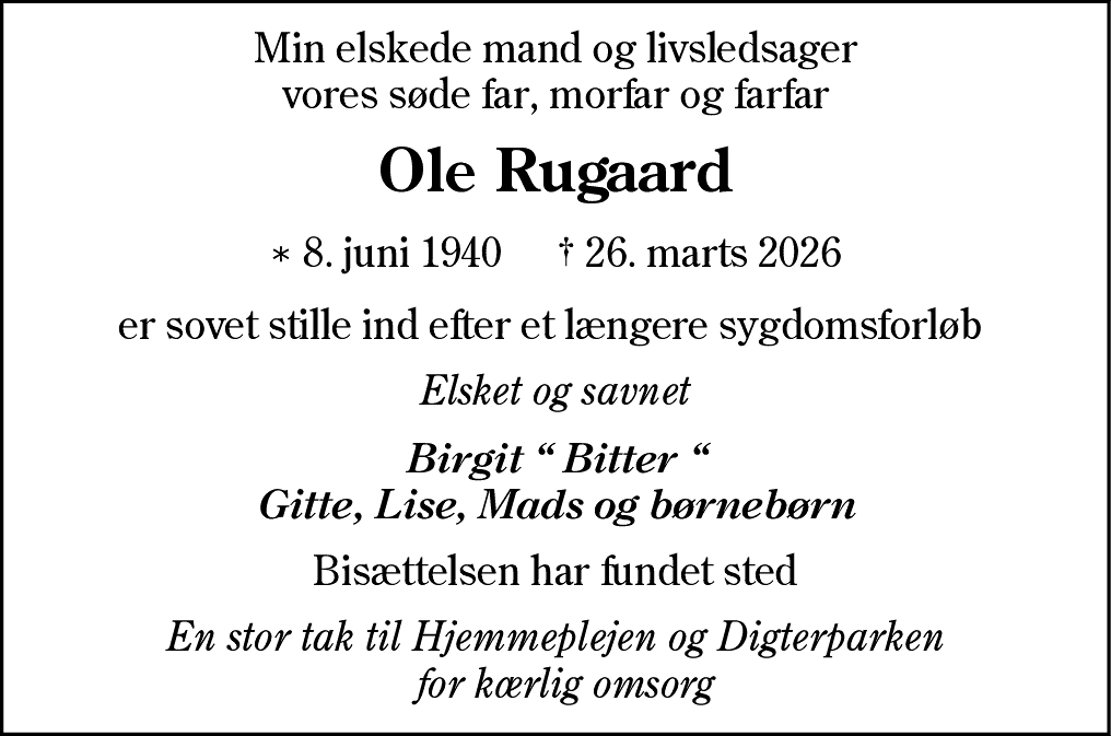 Dødsannonce for Ole Rugaard