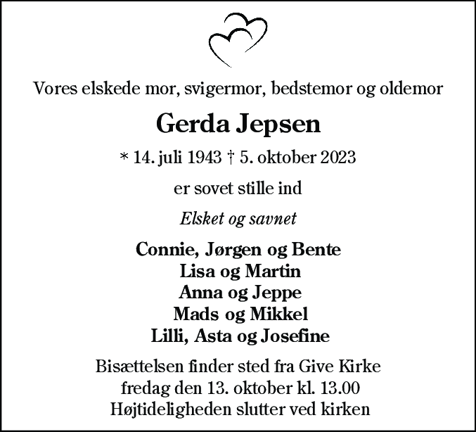 Dødsannonce for Gerda Jepsen