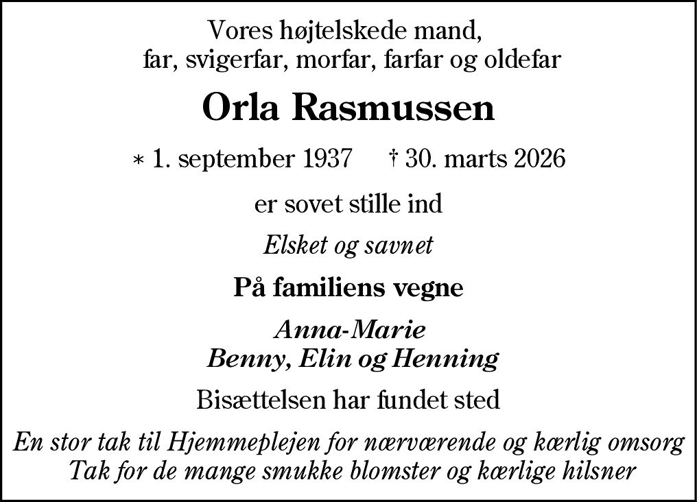 Dødsannonce for Orla Rasmussen