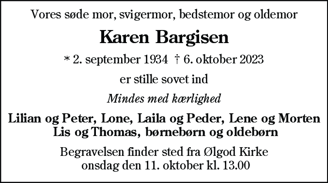 Dødsannonce for Karen Bargisen