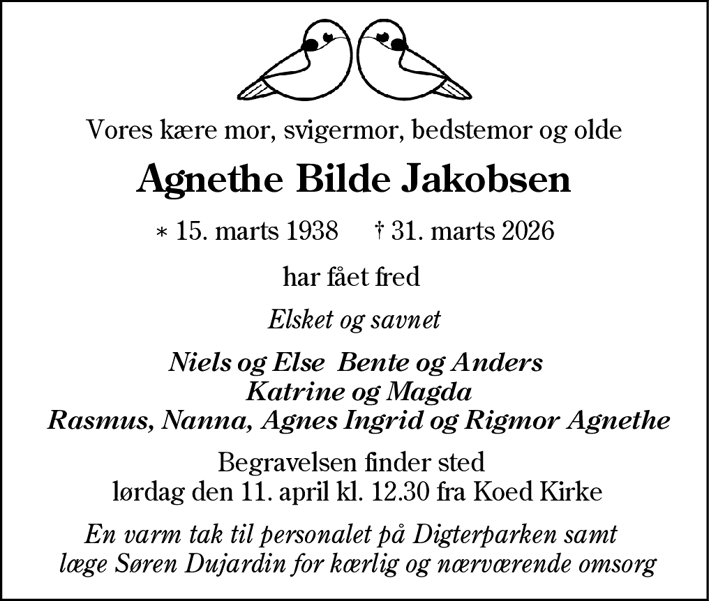 Dødsannonce for Agnete Bilde Jakobsen