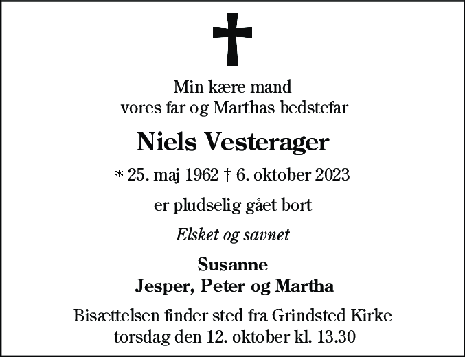 Dødsannonce for Niels Vesterager