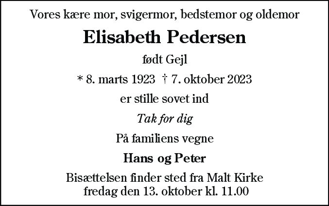 Dødsannonce for Elisabeth Pedersen
