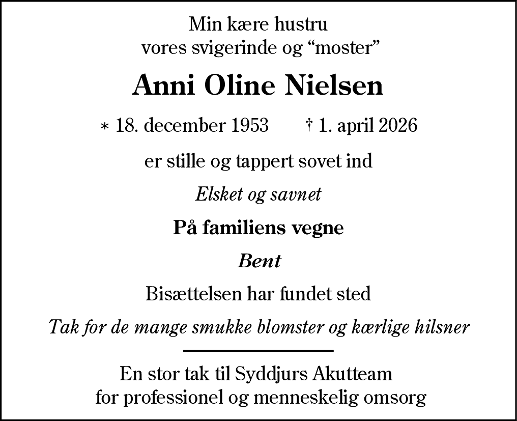 Dødsannonce for Anni Oline Nielsen