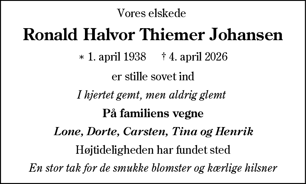 Dødsannonce for Ronald Halvor Thiemer Johansen