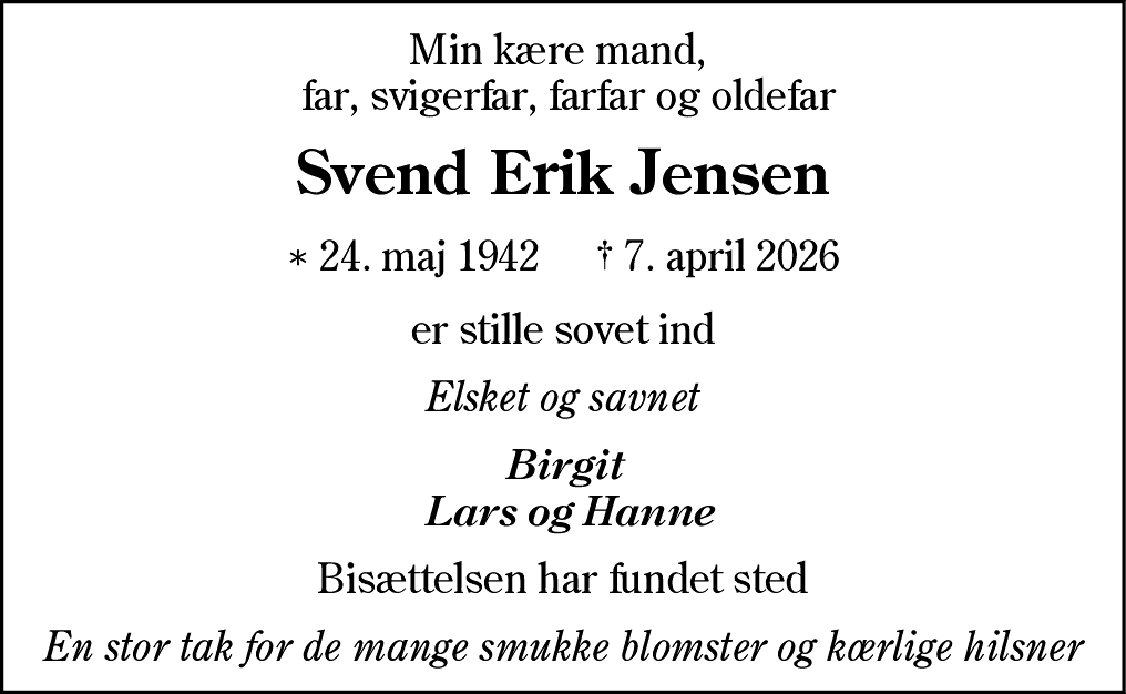 Dødsannonce for Svend Erik Jensen