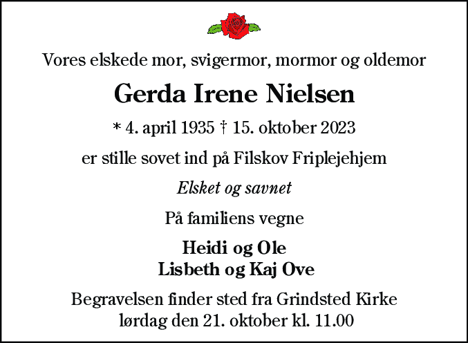 Dødsannonce for Gerda Irene Nielsen