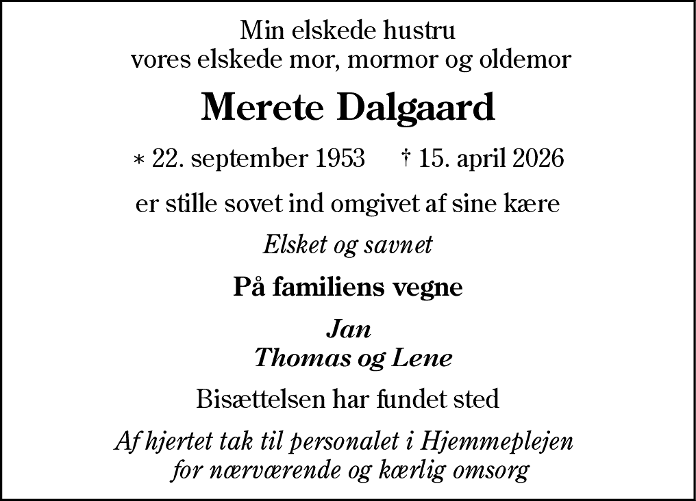 Dødsannonce for Merete Dalgaard