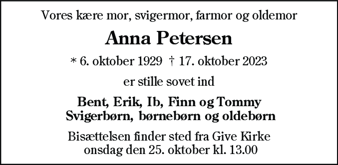 Dødsannonce for Anna Petersen