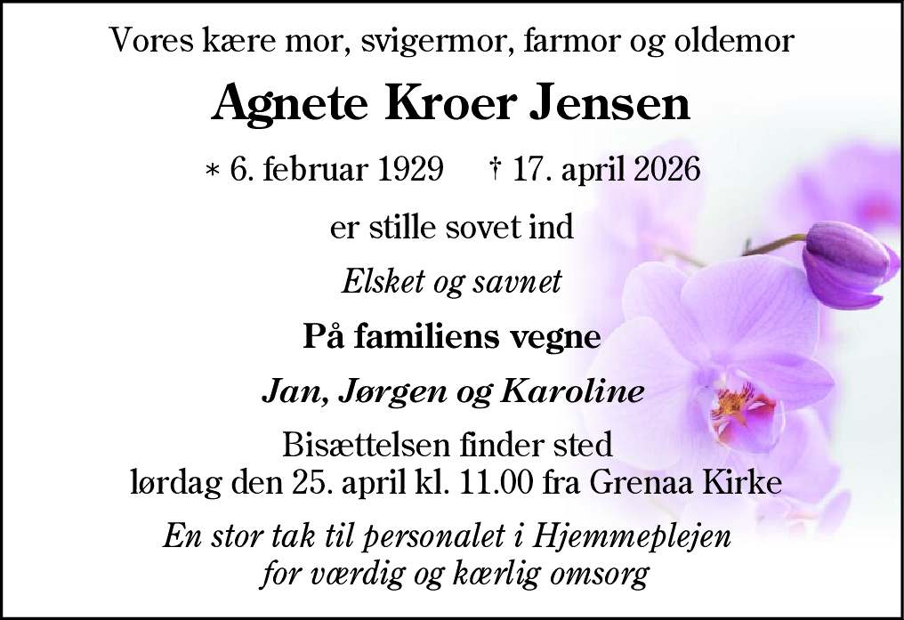 Dødsannonce for Agnete Kroer Jensen