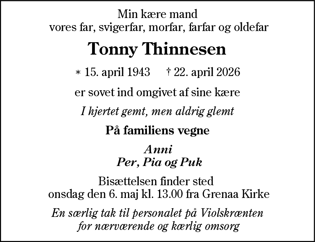 Dødsannonce for Tonny Thinnesen