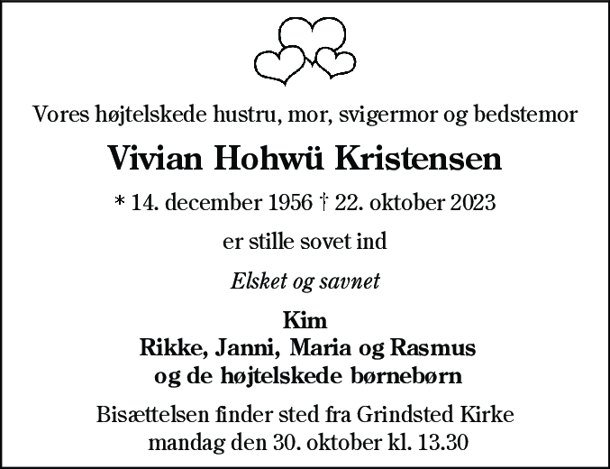 Dødsannonce for Vivian Hohwü Kristensen