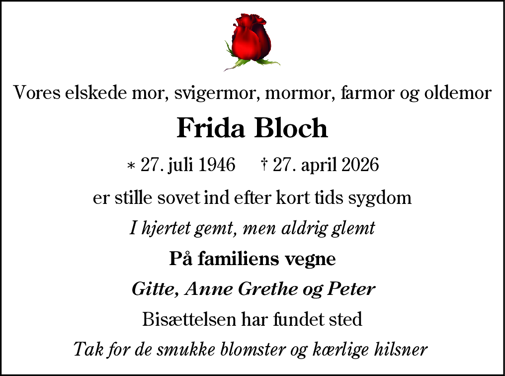 Dødsannonce for Frida Bloch