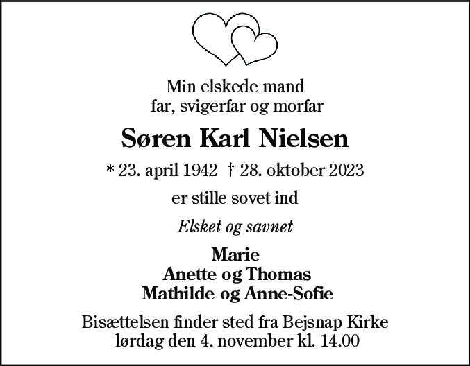 Dødsannonce for Søren Karl Nielsen