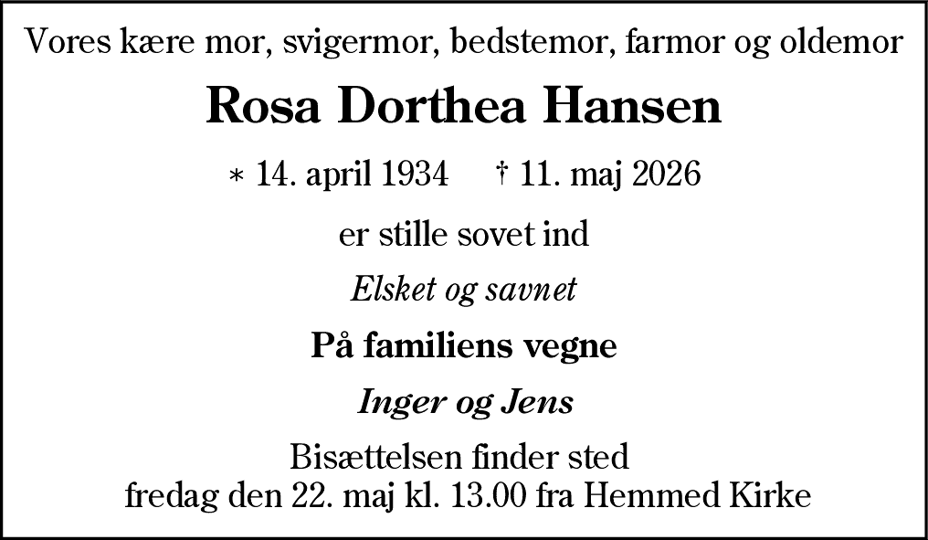 Dødsannonce for Rosa Dorthea Hansen