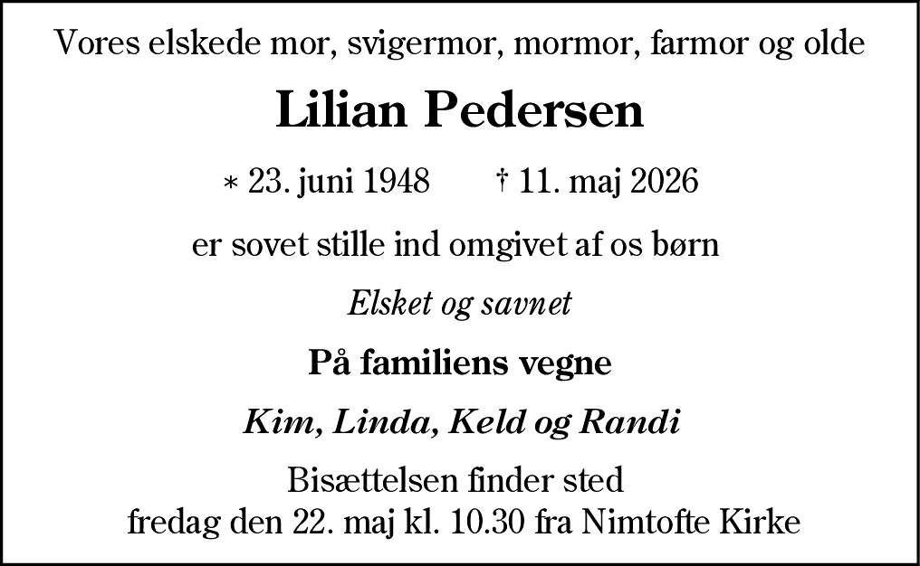 Dødsannonce for Christa Lilian Holch Pedersen