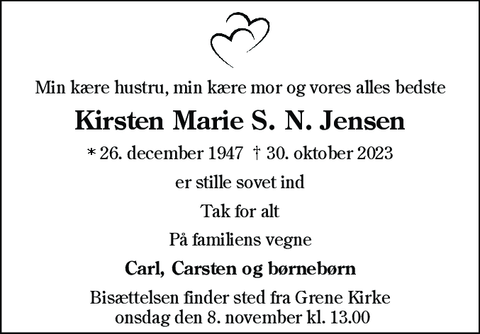 Dødsannonce for Kirsten Marie Skovgaard Nørlund Jensen