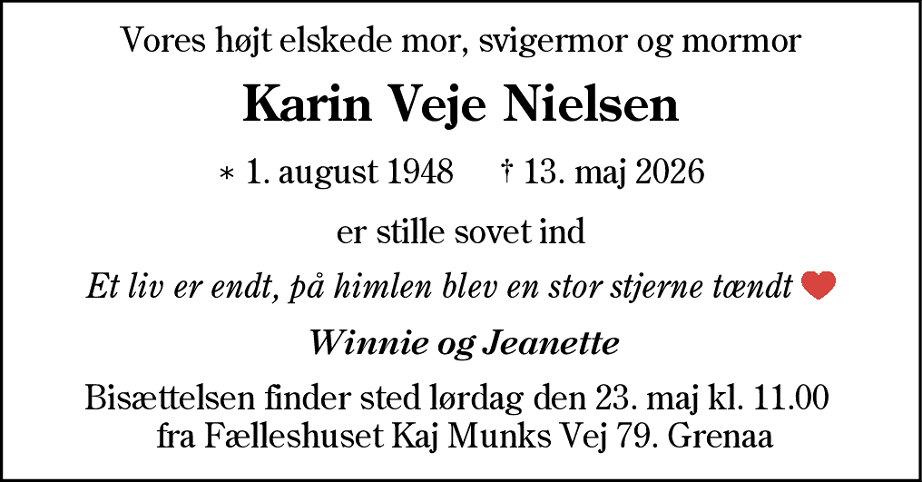 Dødsannonce for Karin Nielsen