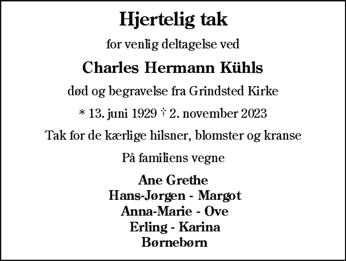 Dødsannonce for Charles Hermann Kühl