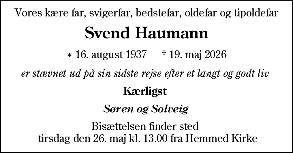 Dødsannonce for Svend Carl Sørensen Havmand