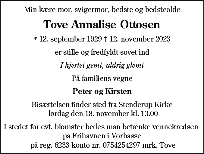 Dødsannonce for Tove Annalise Ottosen