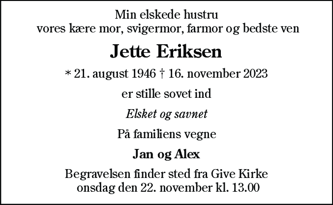 Dødsannonce for Jette Eriksen