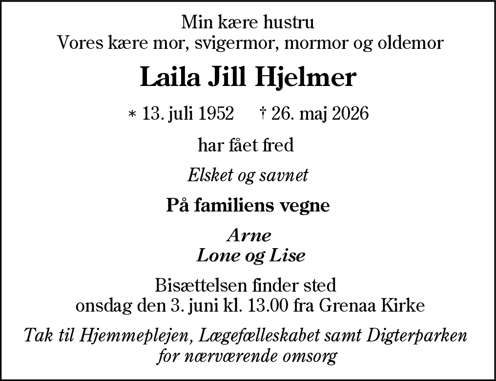 Dødsannonce for Laila Jill Hjelmer