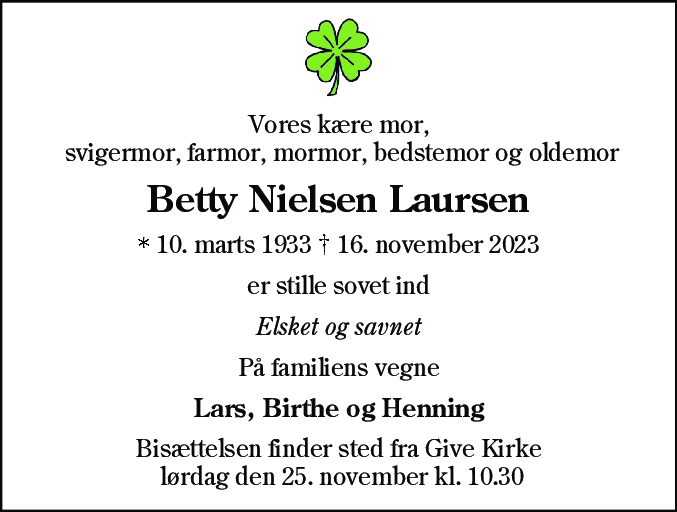Dødsannonce for Betty Nielsen Laursen