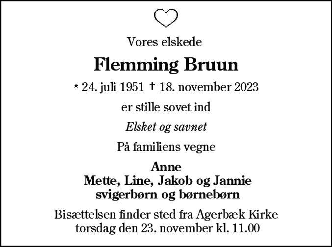 Dødsannonce for Flemming Bruun