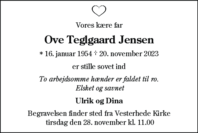 Dødsannonce for Ove Teglgaard Jensen