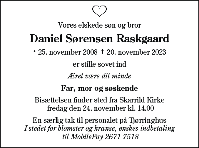 Dødsannonce for Daniel Sørensen Raskgaard