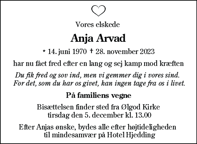 Dødsannonce for Anja Arvad