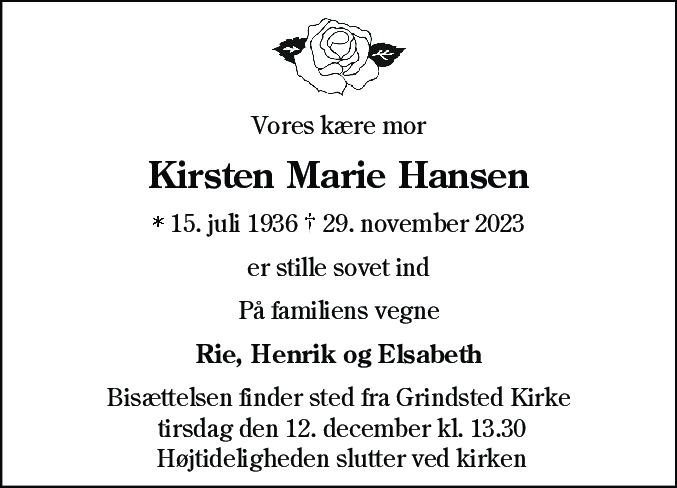Dødsannonce for Kirsten Marie Hansen
