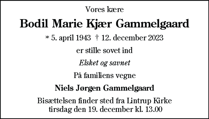 Dødsannonce for Bodil Marie Gammelgård
