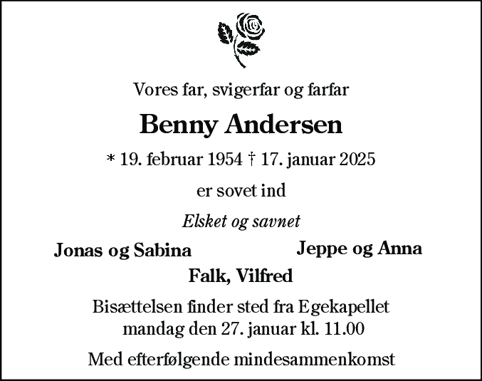 Dødsannonce for Benny Andersen