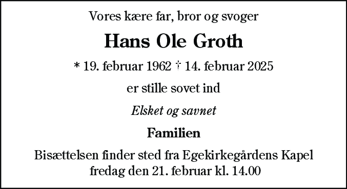 Dødsannonce for Hans Ole Groth