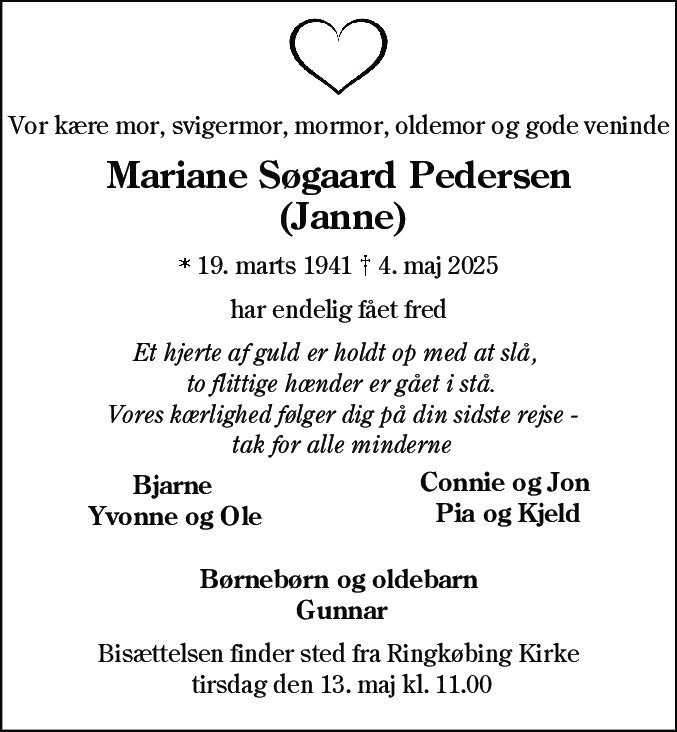Dødsannonce for Mariane Søgaard Pedersen