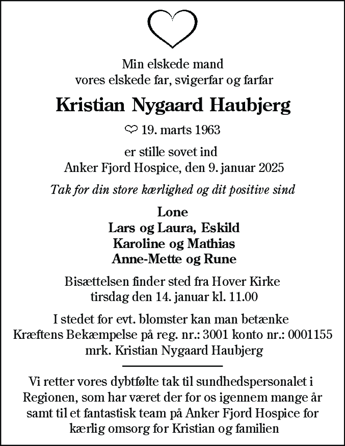 Dødsannonce for Kristian Nygaard Haubjerg