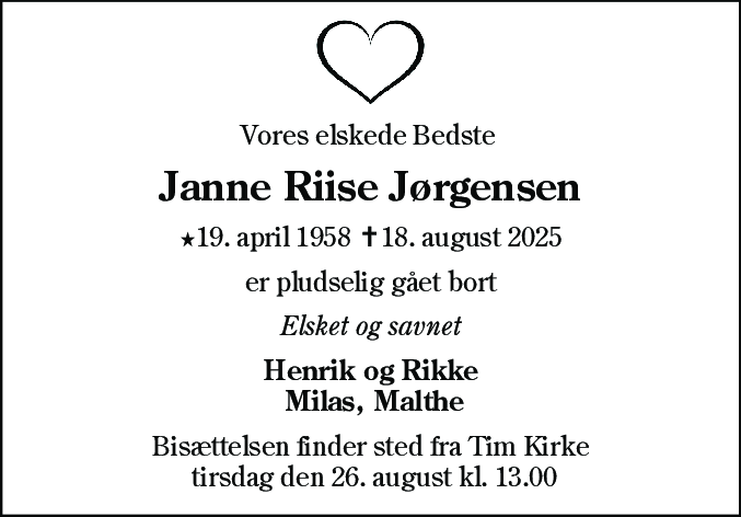 Dødsannonce for Janne Riise Jørgensen