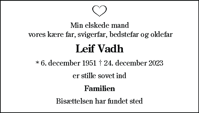 Dødsannonce for Leif Kristensen Vadh