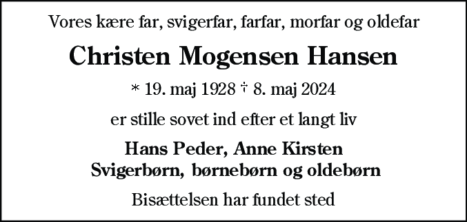 Dødsannonce for Christen Mogensen Hansen