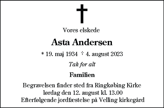 Dødsannonce for Asta Andersen