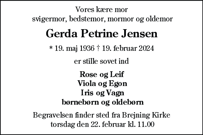 Dødsannonce for Gerda Petrine Jensen